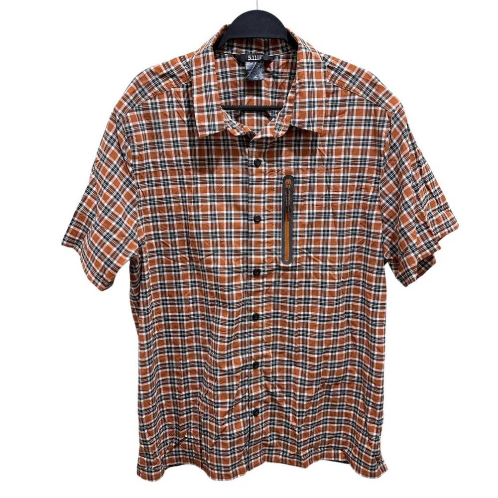 5.11 Tactical Orange Black White Plaid Short Sleeve Button-Down Shirt